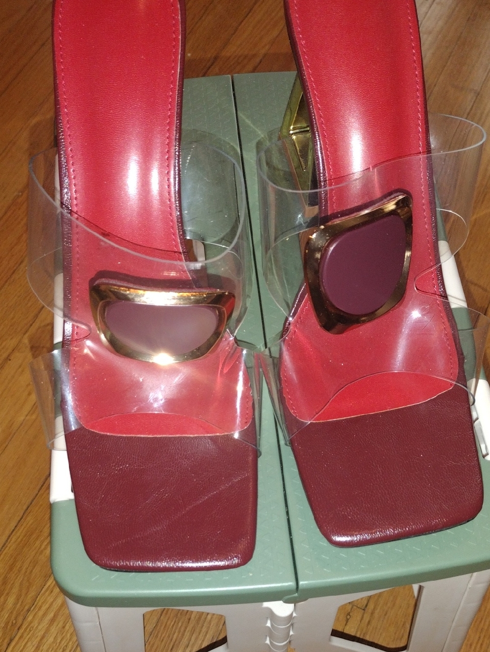 Clear Strap Red Slide Heels with Gold Accent